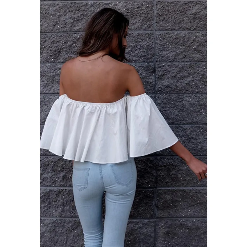 Women Long Sleeve Womens Summer Tops Ruffle Blouse Shirt Women Korean Style Shirt Cotton New Sexy Women Strapless Top