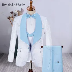 Bridalaffair 스카이 블루 옷깃 잘 생긴 화이트 신랑 턱시도 Groomsmen 남자 정장 망 결혼식 정장 (자켓 + 바지 + 조끼)