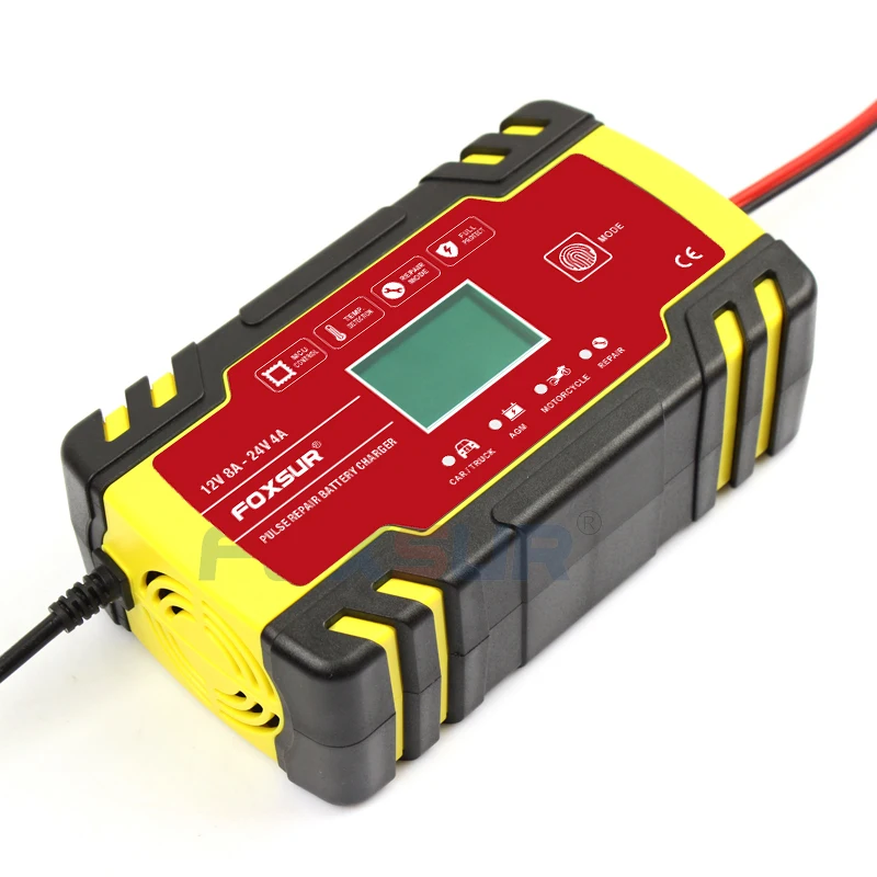 Foxsur 12v-24v 8a carro motocicleta carregador de reparação de pulso automático completo bateria-carregadores display lcd digital