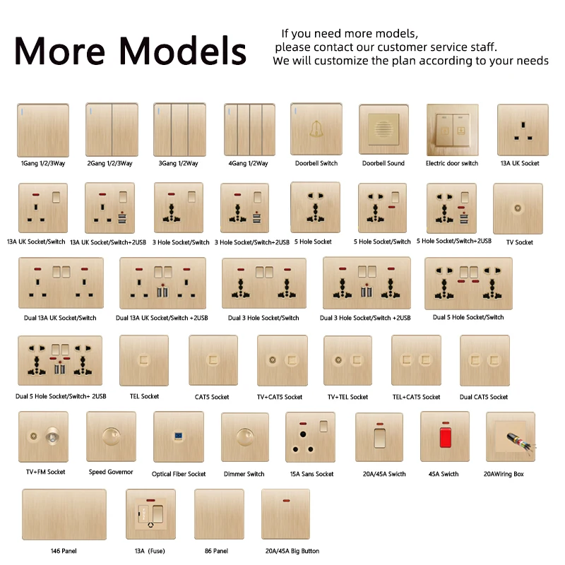 Avoir Usb Wall Socket Standard Electrical Socketes Golden Brushed Panel Multi-function Socket With Light Switch AC110-250V