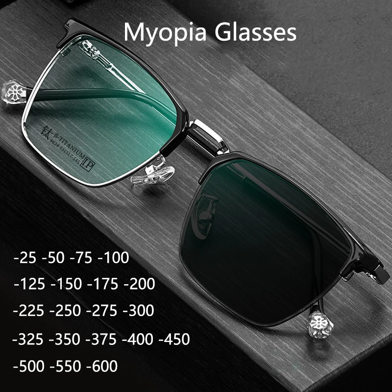 

Titanium Myopia Glasses Photochromic Men Women Retro Ultralight Eyeglasses Half Frame Nearsighted Glasses Minus Diopter Glasses