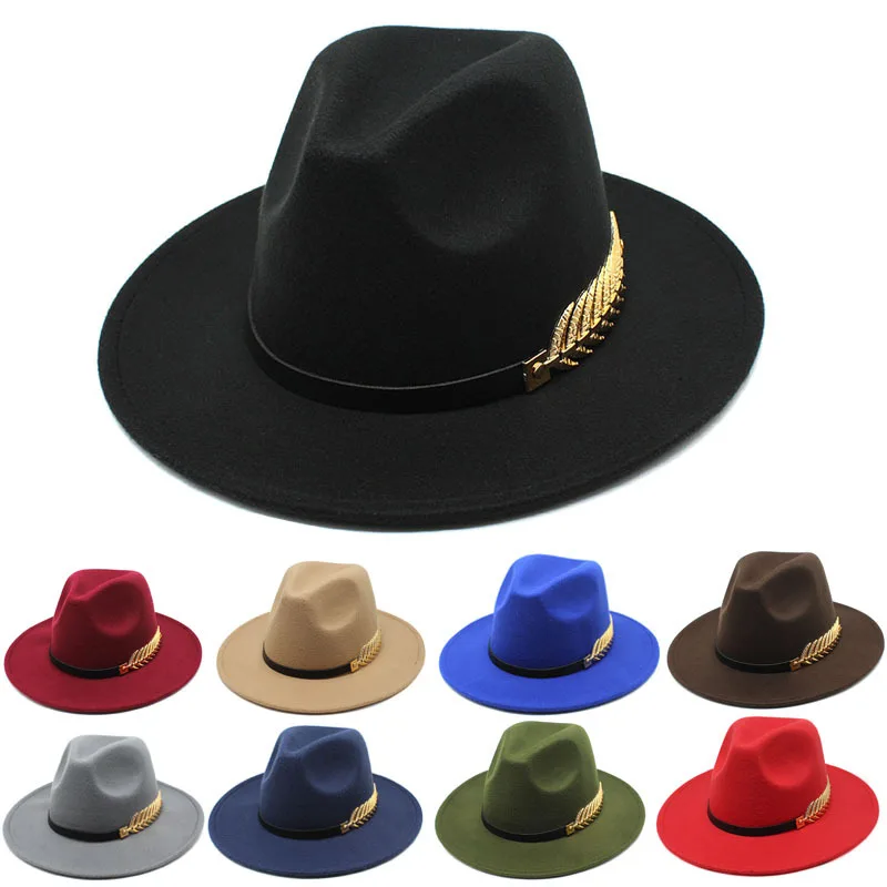 New Metal Leaf Chain Ladies Woolen Hat Autumn and Winter Wide Brim Jazz Hat British Retro Fedora Hat Fashion Church Panama Hat