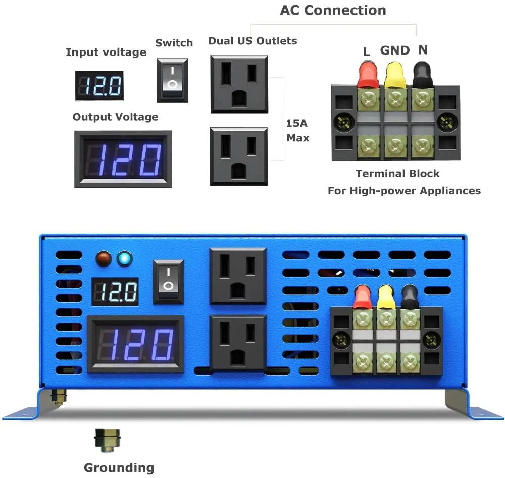 2500W Pure Sine Wave Power Inverter 12V to 220V Solar Inverter Power Supply Converter 24V/36V/48V DC to 100V/120V/230V/240V AC