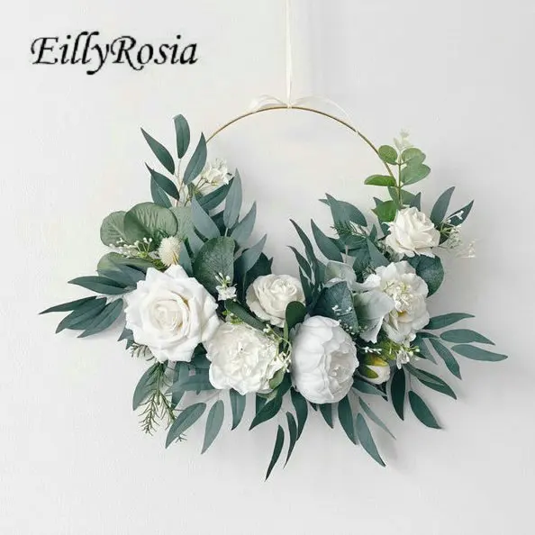 

Romantic Green and White Garland Bridesmaid Hoop Bouquet Holding Flowers Peony Artificial Wedding Accessory for Home Decoration