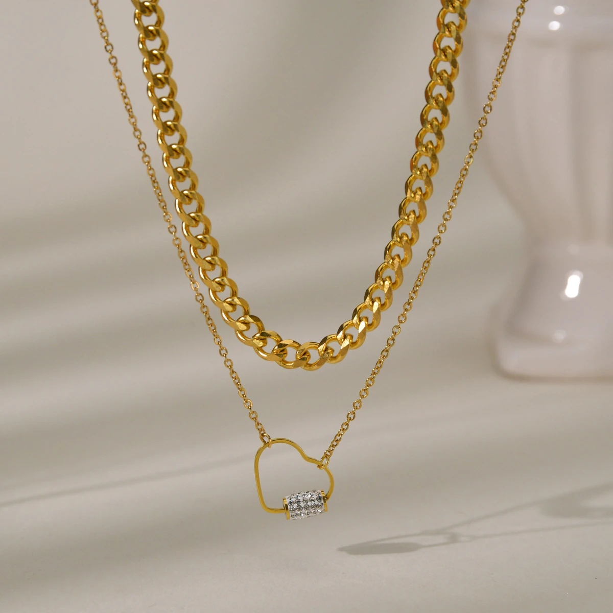 Akizoom Charm Heart Double Layers Necklace Stainless Steel Zircon Necklace for Women Thick Chain Pendant Jewelry Birthday Gift image 5