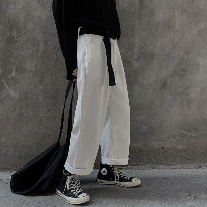 White Street jeans wide leg pants men's straight tube loose Korean fashion ruffian handsome oversize high Street quarter men