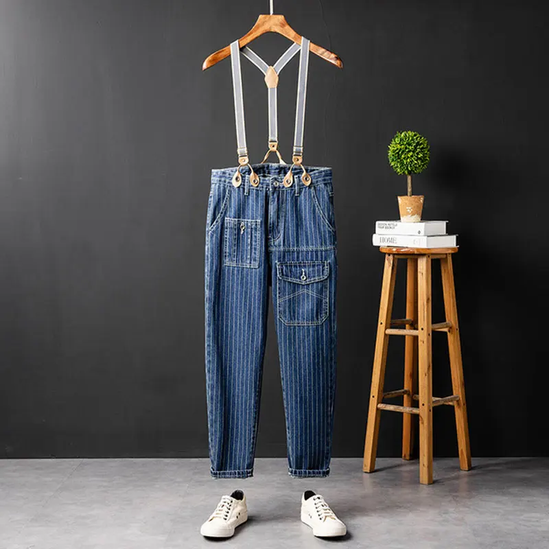2021 Fahsion Men Jeans Bib Overalls Multi-Pocket Hip Hop Streetwear Blue Stripe Denim Trousers  Leisure Freight Pants