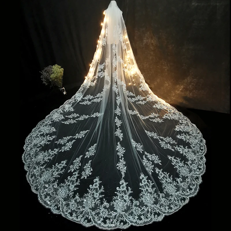 5m 4m 3m Long Wedding Bridal Veils Lace Appiques Edge 1 T Tulle Cathedral Veil with Comb Ivory Luxury Velo de Novia Voile mariee