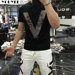 T-shirt Designer Clothes Men Mercerized Cotton V-shaped Pattern Rhinestone Top 2022 New Male Street Fashion Style Man Clothing 