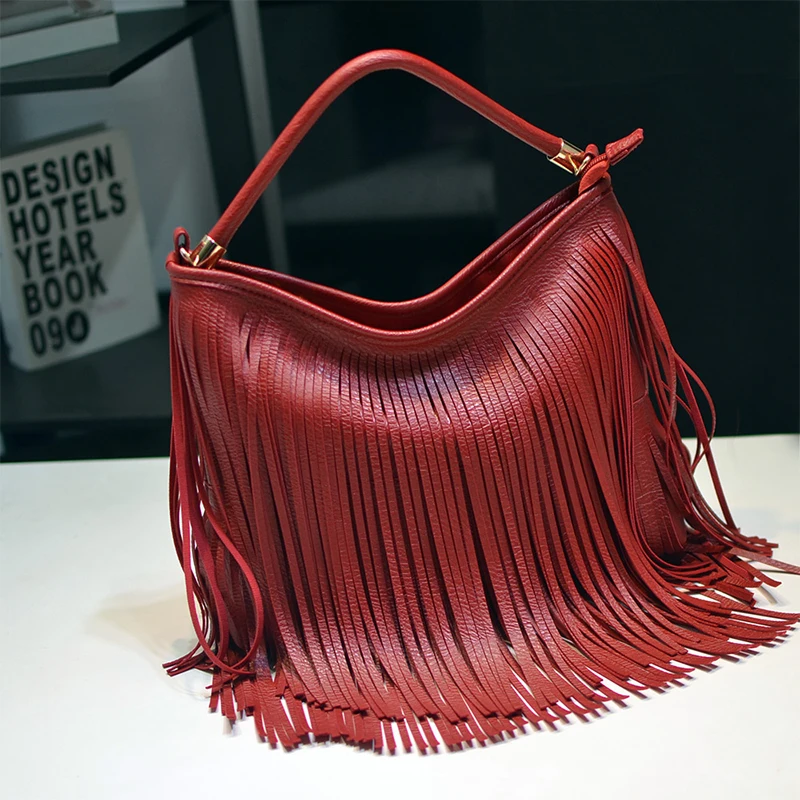 Fashion zipper high quality Solid color soft leather double side tassel bag portable women\'s bag single shoulder cross arm bag