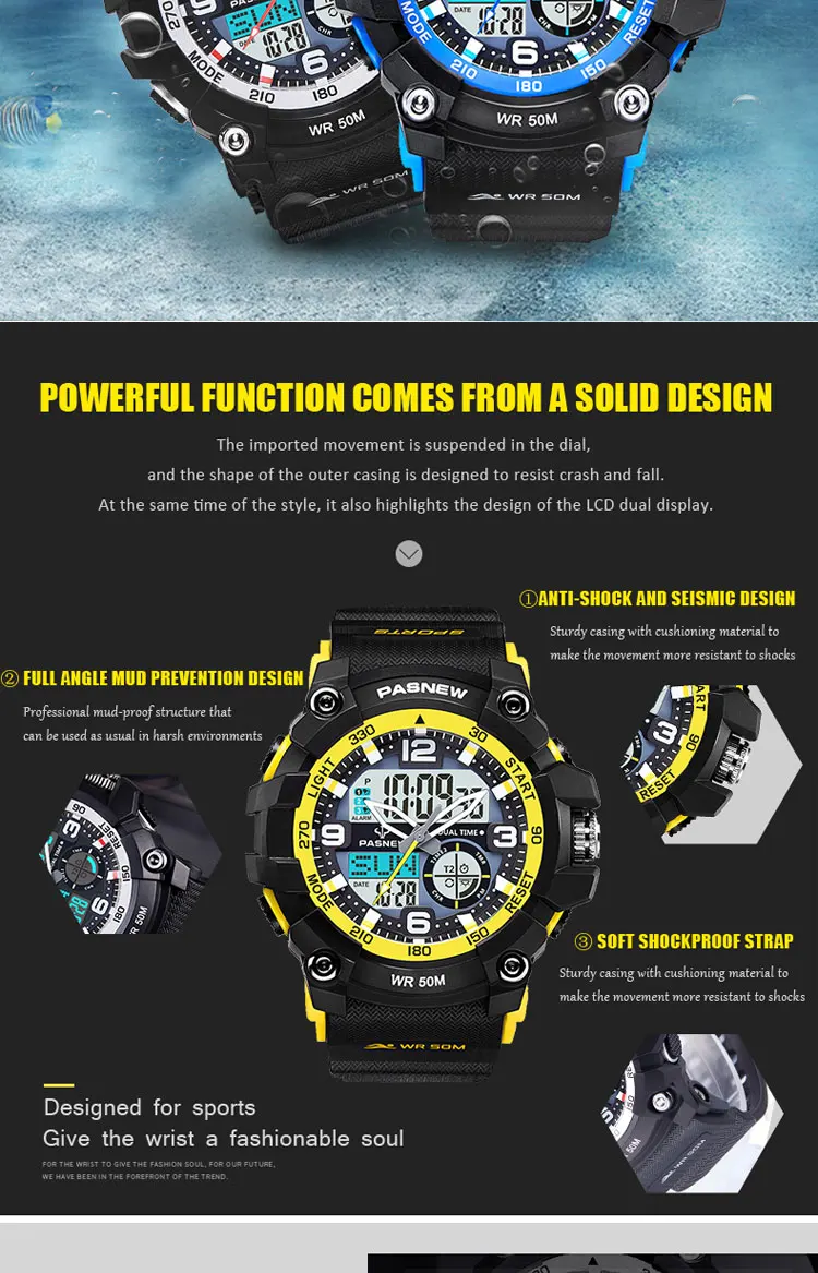 Top Brand Sports Watches Pasnew Men Watches Fashion Silicone Band Dual Display Quartz Wristwatches Male Clock Relogio Masculino