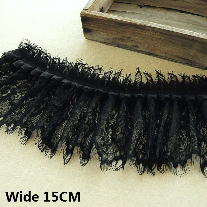 Cinta embellecedora de encaje con flecos para mujer, accesorio de Organza negra de 15CM de ancho, para vestido, Collar, faldas, Material de empalme, costura, decoración de borlas