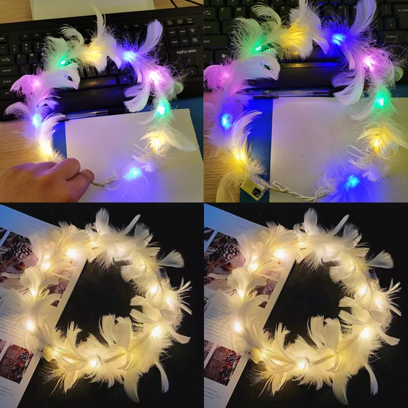 LED Feather Wreath Headband Light-Up Headband Luminous Headdress For Women Girls Wedding Christmas Halloween Glow Party