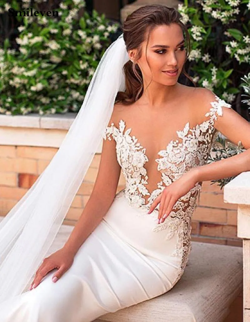 Smileven Mermaid Wedding Dress 2020 Satin Cap Sleeve Vestido De Noiva Lace Bohemian Bride Dresses With Romantic Buttons