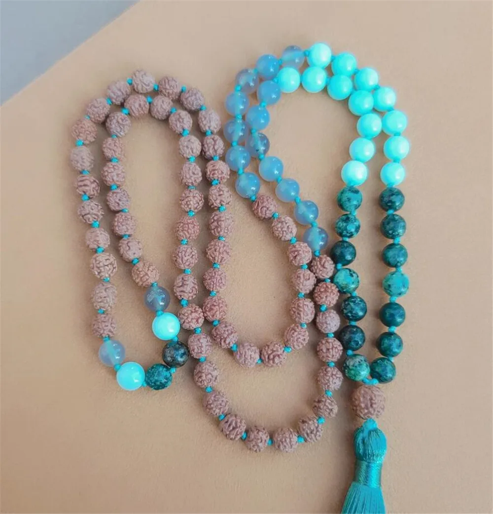 

8mm Amazonite 108 Beads Tassel Knotted Necklace Meditation Mala Handcrafted Bless Spirituality Bracelet Lucky Prayer