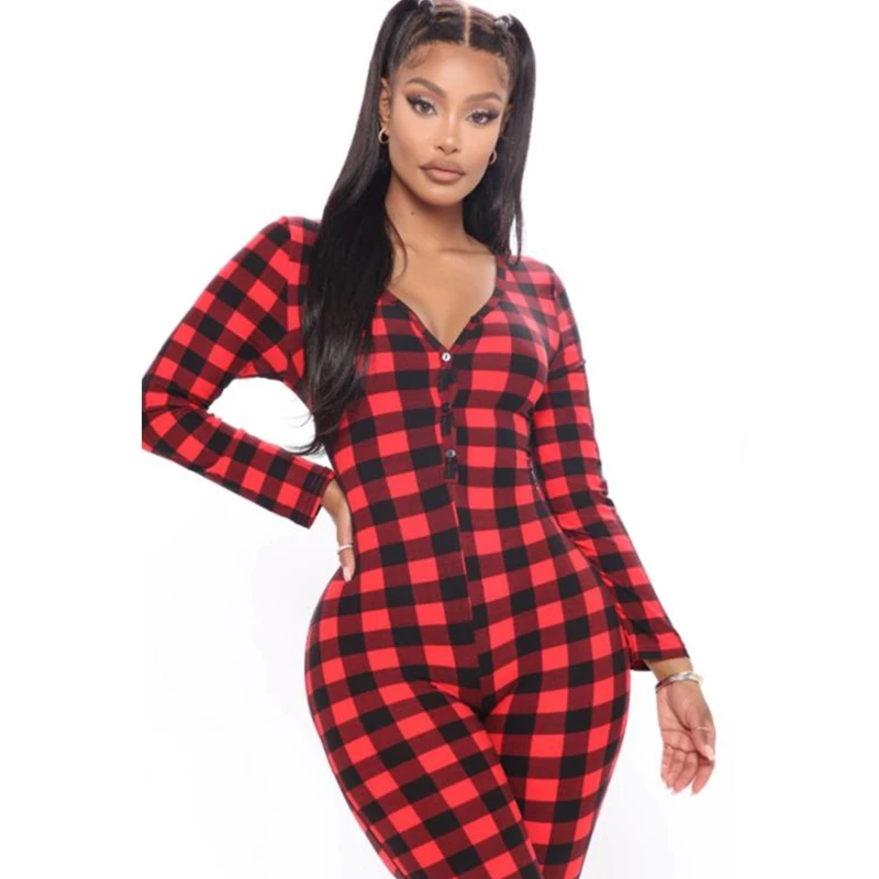 Women\'s Romper Christmas Rompers Womens Jumpsuit Plaid Jumpsuit Elastic Casual Long Sleeve V-Neck Buttons Sleepwear Homewear