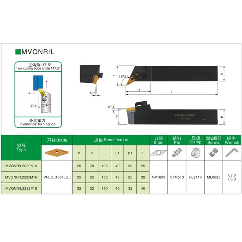 MVQNR2525M16/ MVQNL2525M16, 금속 선반 절삭 공구, CNC 선삭 공구, 선반 공작 기계, 외부 선삭 공구 유형 MVQNR/L