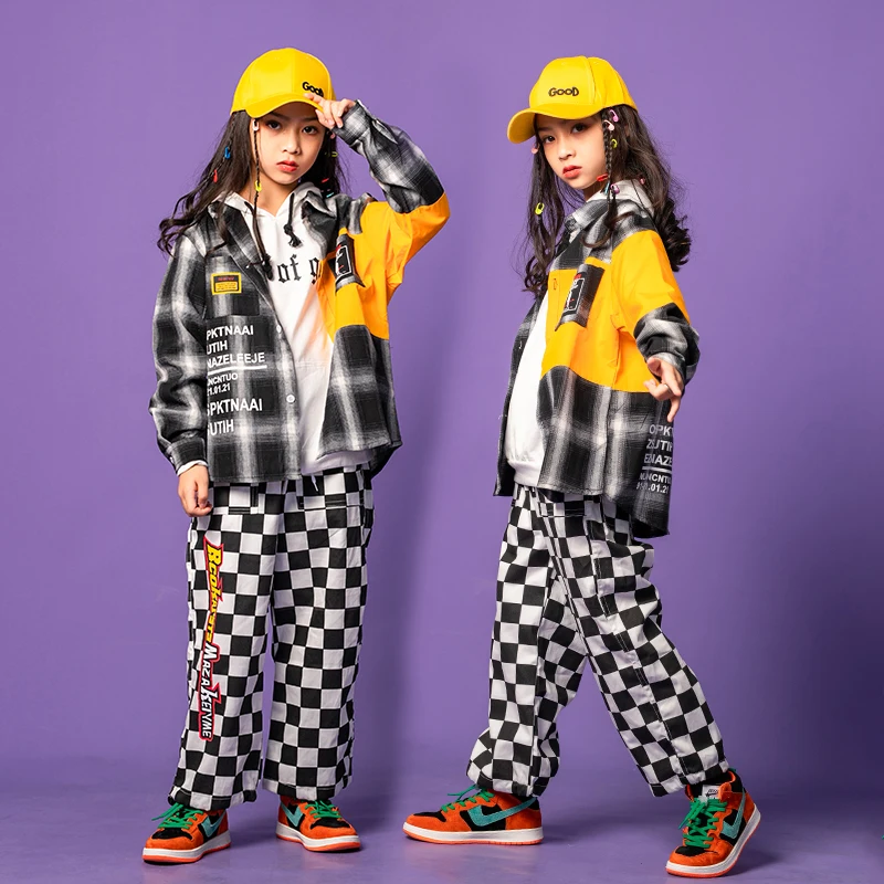 Kids Ballroom Hip Hop Dancing Outfits Checkered Shirt Cargo Pants Girls Jazz Dance Wear Costume Rave Clothes