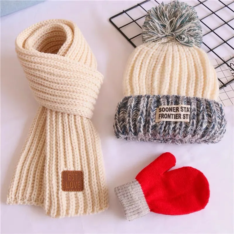 Wool three-piece set baby wool hat scarf autumn and winter boys and girls children baby cotton warm knit hat thick damp