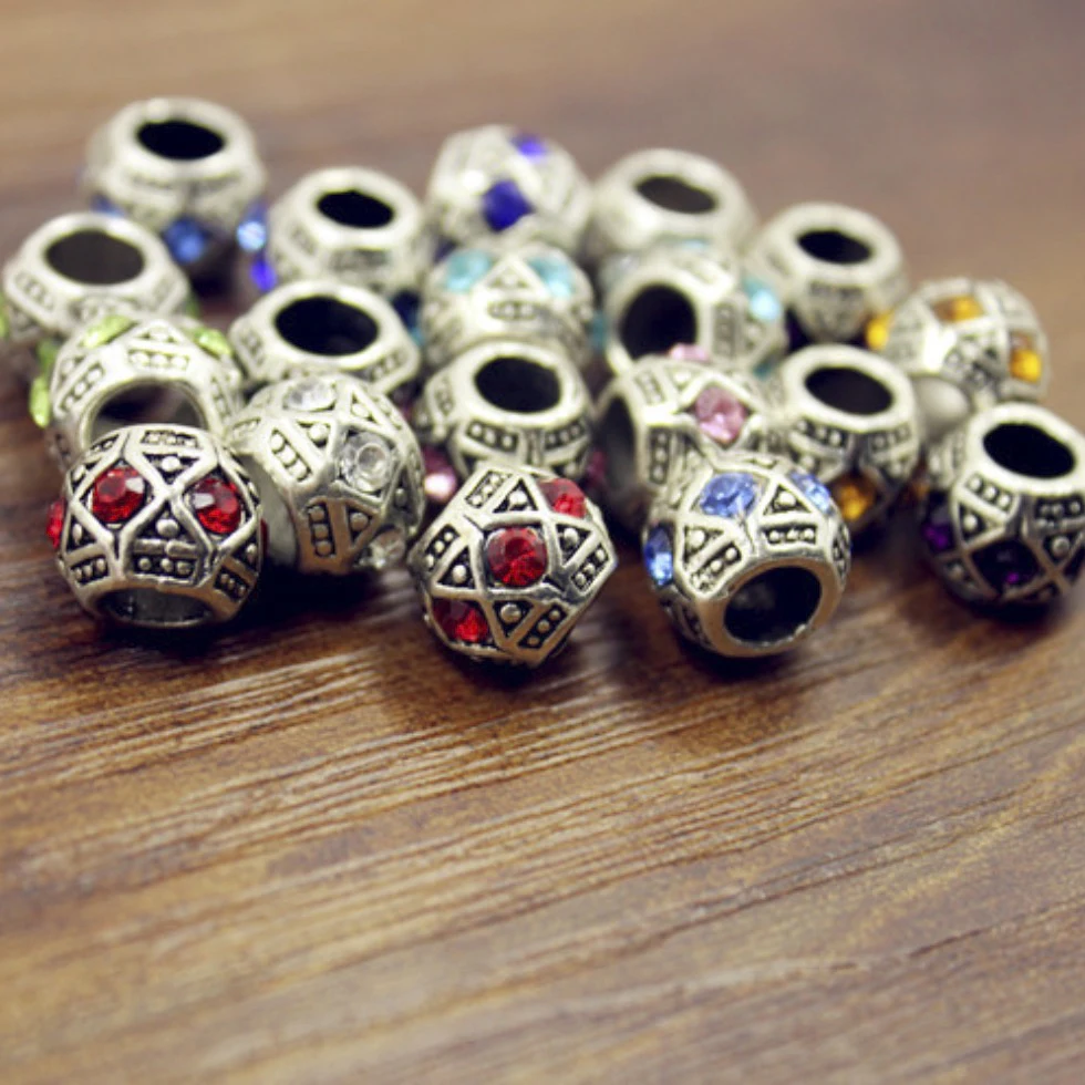 Antique Silver color Rhinestones Round European 5mm Hole Big Hole Spacer Beads for DIY Jewelry Making Charms Bracelet Finding