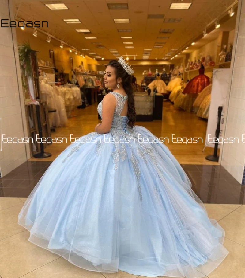 Elegant Sky Blue Baljurk Quinceanera Jurken 2021 Kralen Kant Applique Sweet 16 Dress Masquerade Party Wear Formele