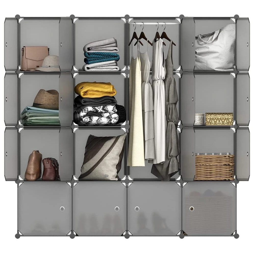 Modular Closet Bookcase Organizer Plastic Cabinet 16 Cube Wardrobe 35*35 Cubby Shelving Storage Drawer Unit with Door Gray/Brown