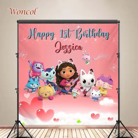 Woncol Gabby Dollhouse 사진 배경 생일 축하 사진 배경 사용자 정의 수직 장식 포스터 사진 소품