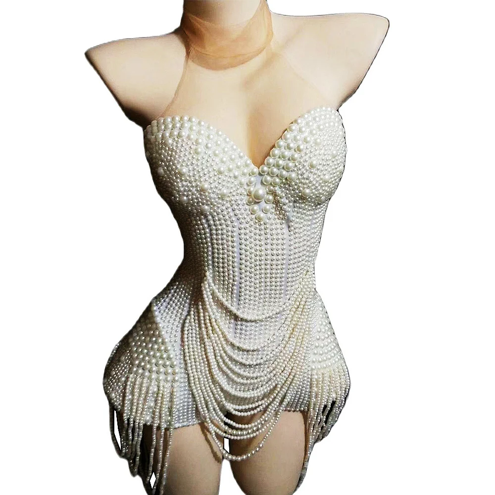 White Beaded Pearls Women Birthday Party Bodysuits Mesh Jumpsuits Nightclub Singer Dancer Performance Drag Queen Stage Wear