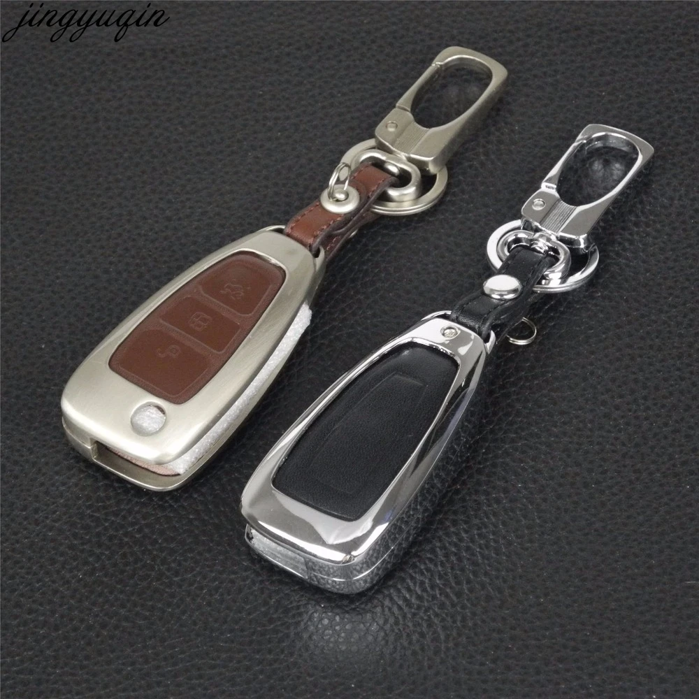 

Jingyuqin Remote 3B Car Key Cover Case Zinc Alloy+Leather For Ford Mondeo Focus 3 MK3 Kuga Fiesta Escape Ecosport Keychain