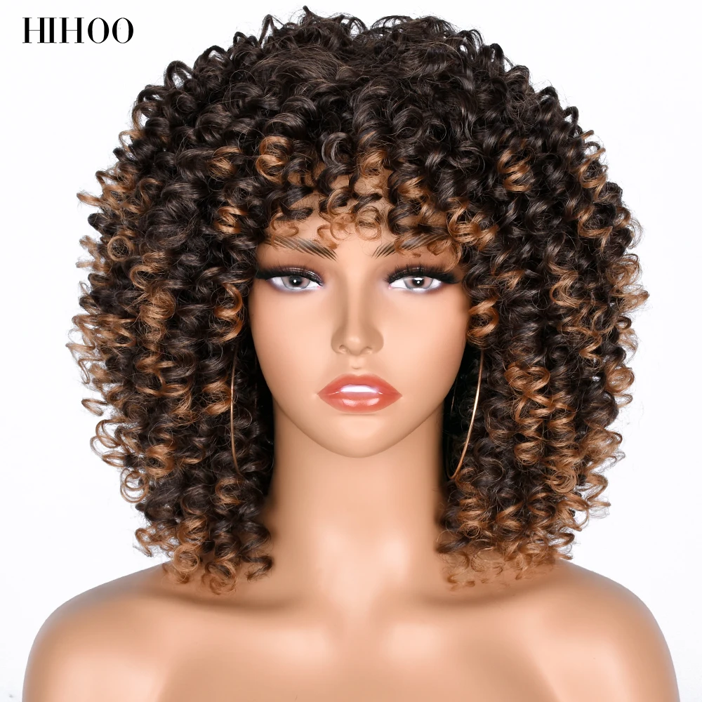 Short Hair Afro Kinky Curly Wigs With Bangs For Black Women Synthetic Wigs Natural Hair Brown Mixed Wig Cosplay Lolita