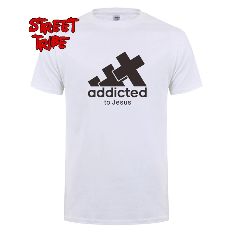 New Addict To Jesus T Shirt Summer Men O Neck Cotton T-shirt Cool Christian Man Tshirt Tops Street Style Guys Clothing Printed