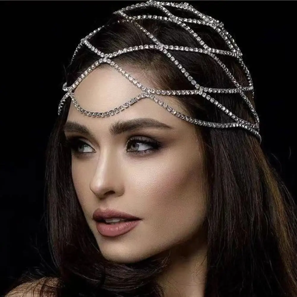 Sexy Personality Mesh Crystal Ladies Hair Chain Headdress Fashion Temperament Multi-Layer Rhinestone Hair Accessory Head Chain