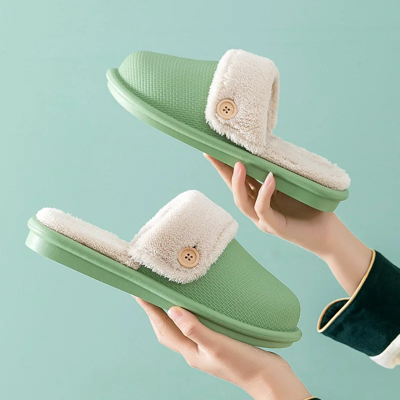 

Female And Male Waterproof Cotton Slippers Female's Winter Warm Household Non-Slip Indoor Button Solid Color Plush Slipper