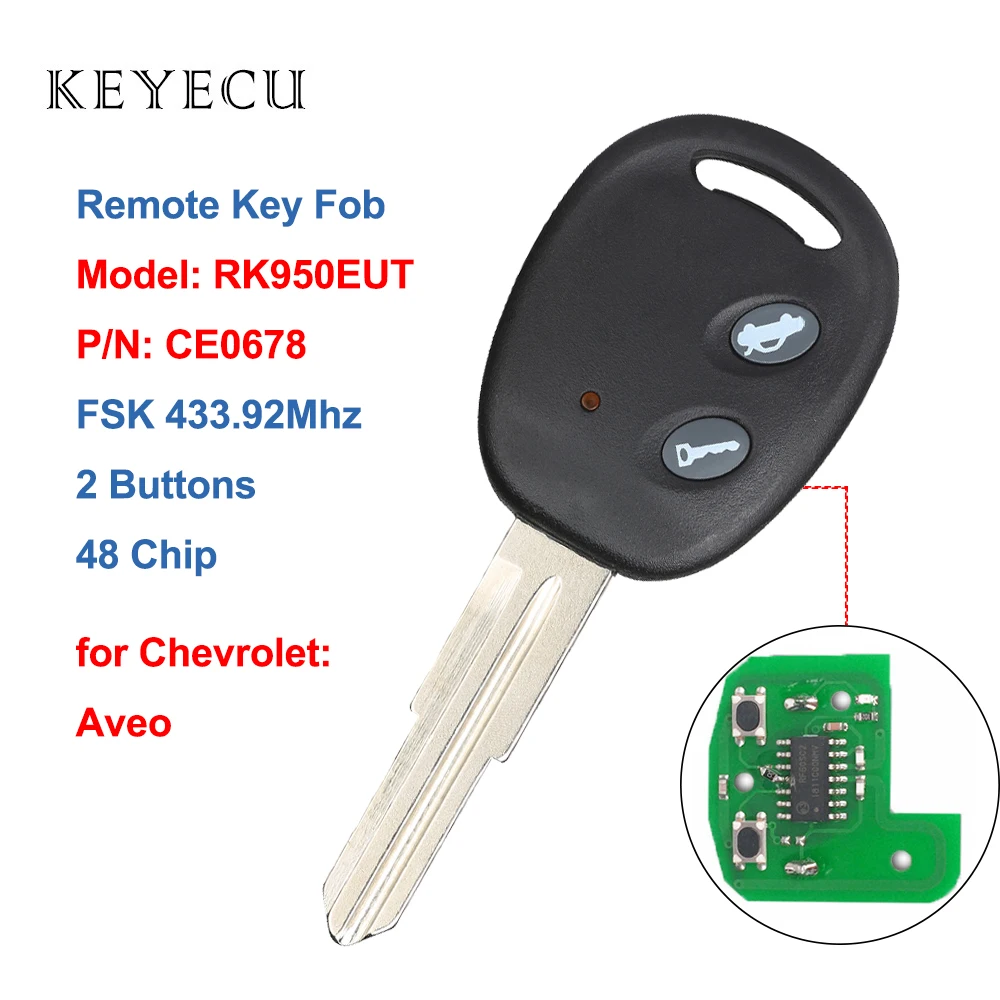 

Keyecu Smart Remote Key Fob 2 Buttons FSK 433.92MHz with 48 Chip for Chevrolet Aveo 2009-2016 MODEL: RK950EUT, P/N: CE0678