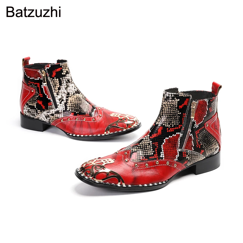 

Batzuzhi Square Toe Red Genuine Leather Boots Men New Handmade Men Shoes Zip Short Knight, Party and Wedding Botas Hombre