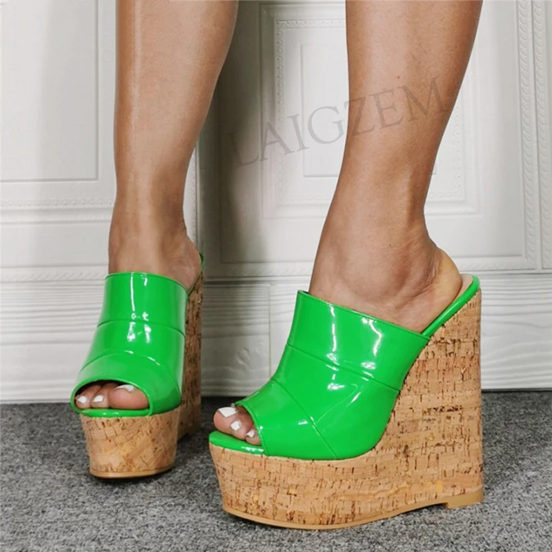 DOBANER Women Sandals Platform Wedges Slip On Slides Height Increase Shiny Patent Shoes Woman Unisex Large Size 43 45 47 52