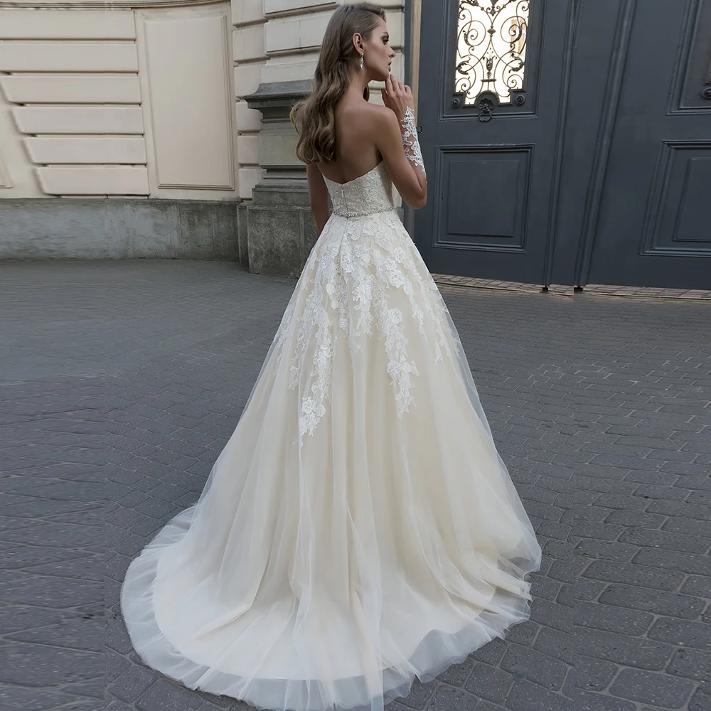 Brautkleid Tulle A-Line ชุดแต่งงานไม่มีที่สิ้นสุด Sukienka Na Wesele คริสตัลประดับด้วยลูกปัดเอว Vestido De Novia Backless Robe Mariage