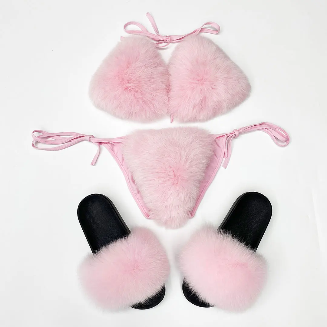 Janefur New Fashion Fancy Fur Bikini Set Luxury Furry Bra And  Fox Slides Slippers For Women