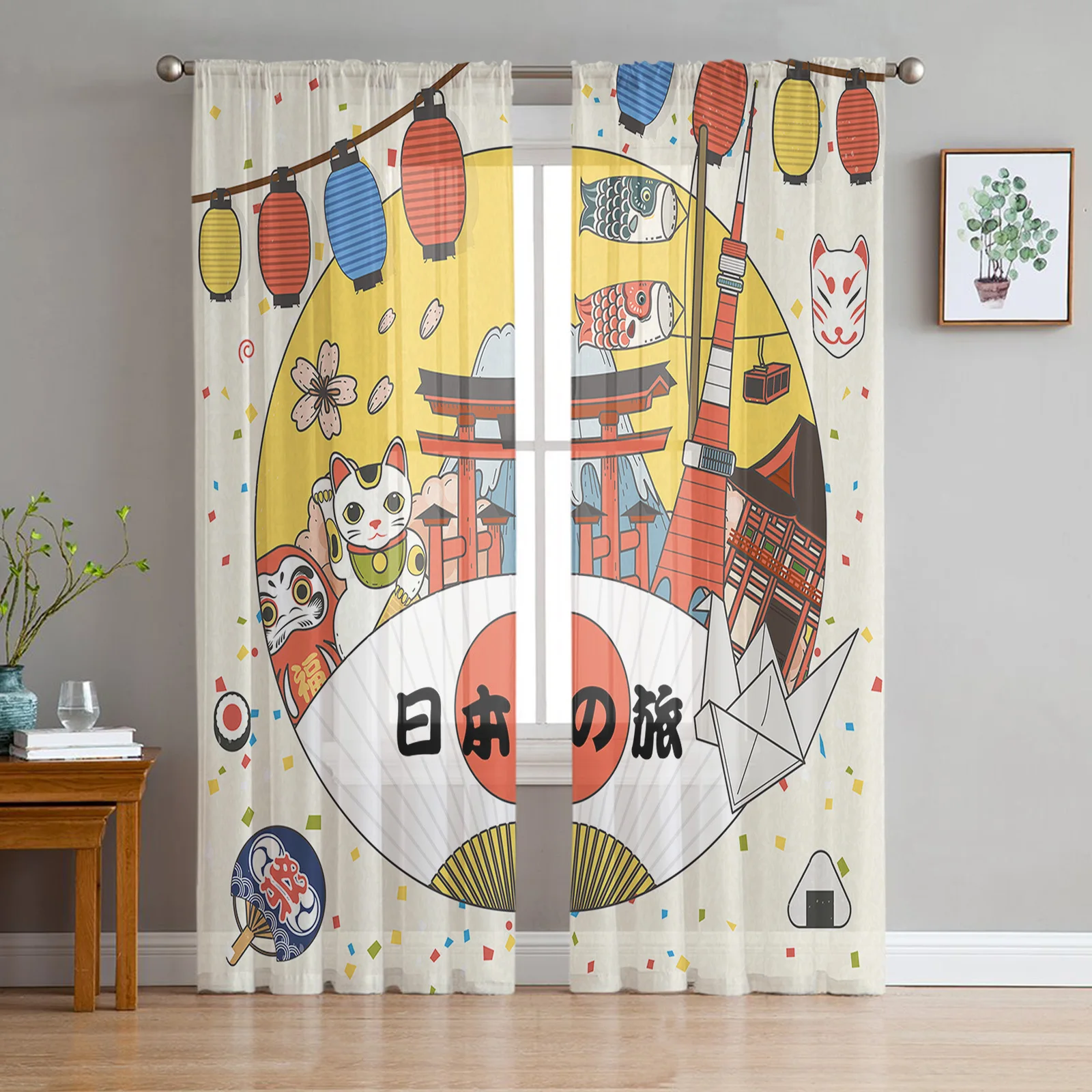 Japan Trip Element Cartoon Culture Tulle Sheer Window Curtains for Living Room Kitchen Children Bedroom Voile Hanging Curtain