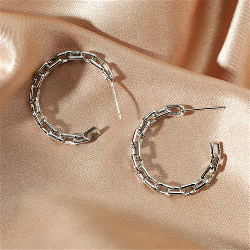 MANGOSKY Silver Color Metal Chain C Shape Hoop Earrings For Women Girls Jewelry