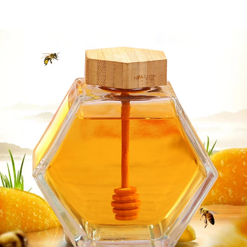 X60 Honey Pot 220ml/8oz Volume 12oz Honey Weight Hexagonal Glass Honey Jar with Wooden Dipper Cork Lid Cover for Home Kitchen