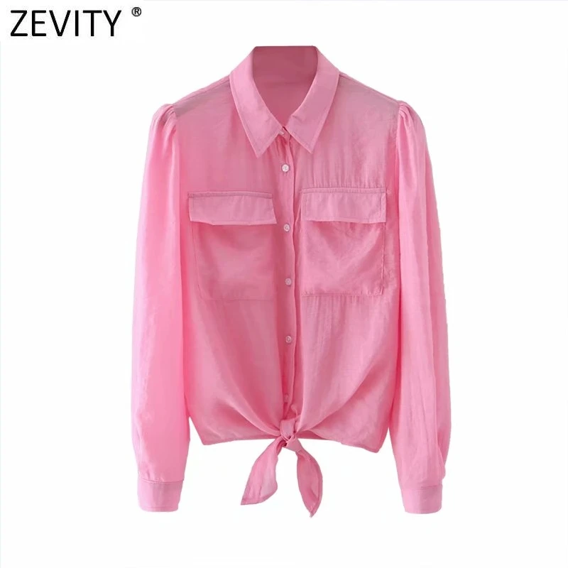 

ZEVITY Women Fashion Solid Color Hem Bow Tied Casual Smock Blouse Female Puff Sleeve Pocket Shirt Roupas Chic Blusas Tops LS9162