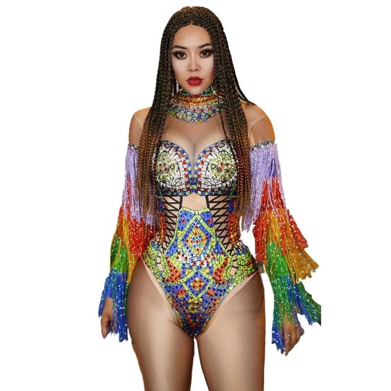 

Nightclub Rhinestones Fringed Sleeve Jumpsuit Rave Outfits Pole Dance Outfits Festival Bodysuit Women Stage Costume