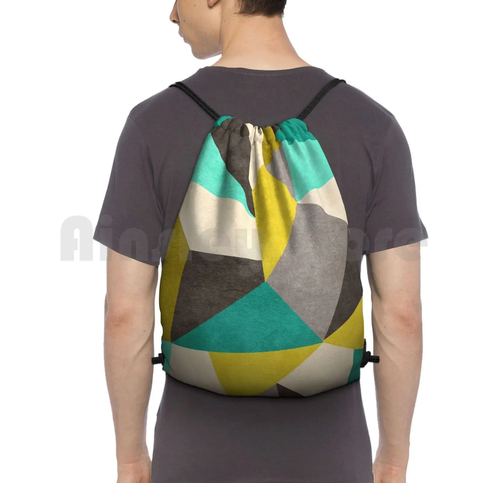 Polygons Backpack Drawstring Bag Riding Climbing Gym Bag  Dverissimo Green Yellow Polygonss Beige Brown Shapes Pattern