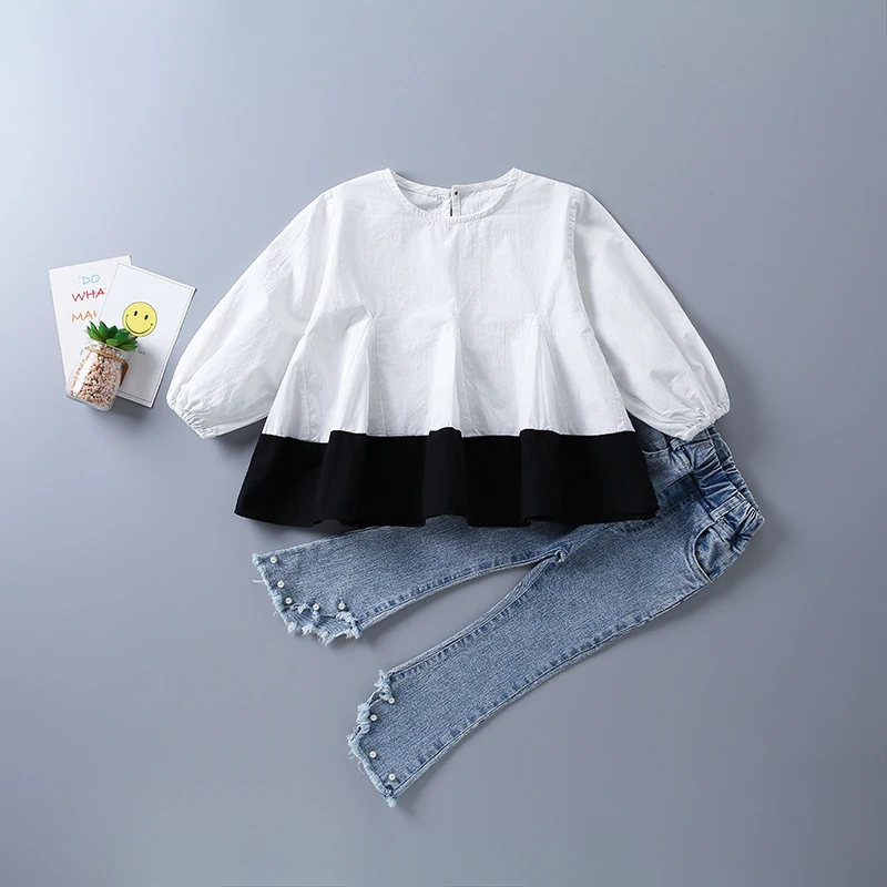 

2-7 years high quality girl clothing set 2021 new autumn fashion casual patchwork shirt + denim pant kid children clothing