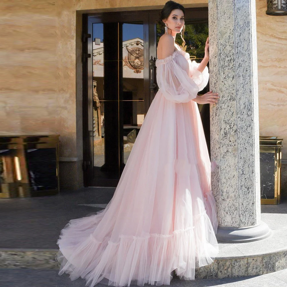 Vestido de novia rosa con hombros descubiertos, traje de novia con mangas abullonadas, tul suave, con cordones en la espalda