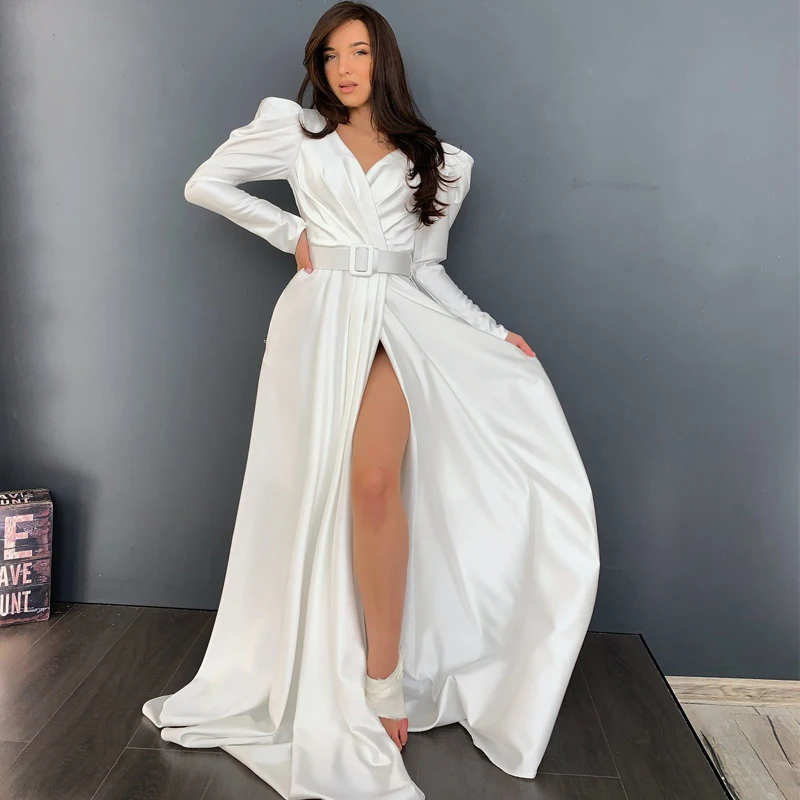 Eightree abiti da sposa Sexy 2022 abito da sposa a manica lunga con spacco alto in raso A-Line lunghezza del pavimento abiti da sera da sposa Plus Size