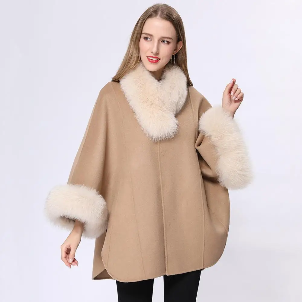 

Janefur Cashmere Real Fur Coat Winter Wool Blends Jacket Women Fox Fur Collar Cape Streetwear