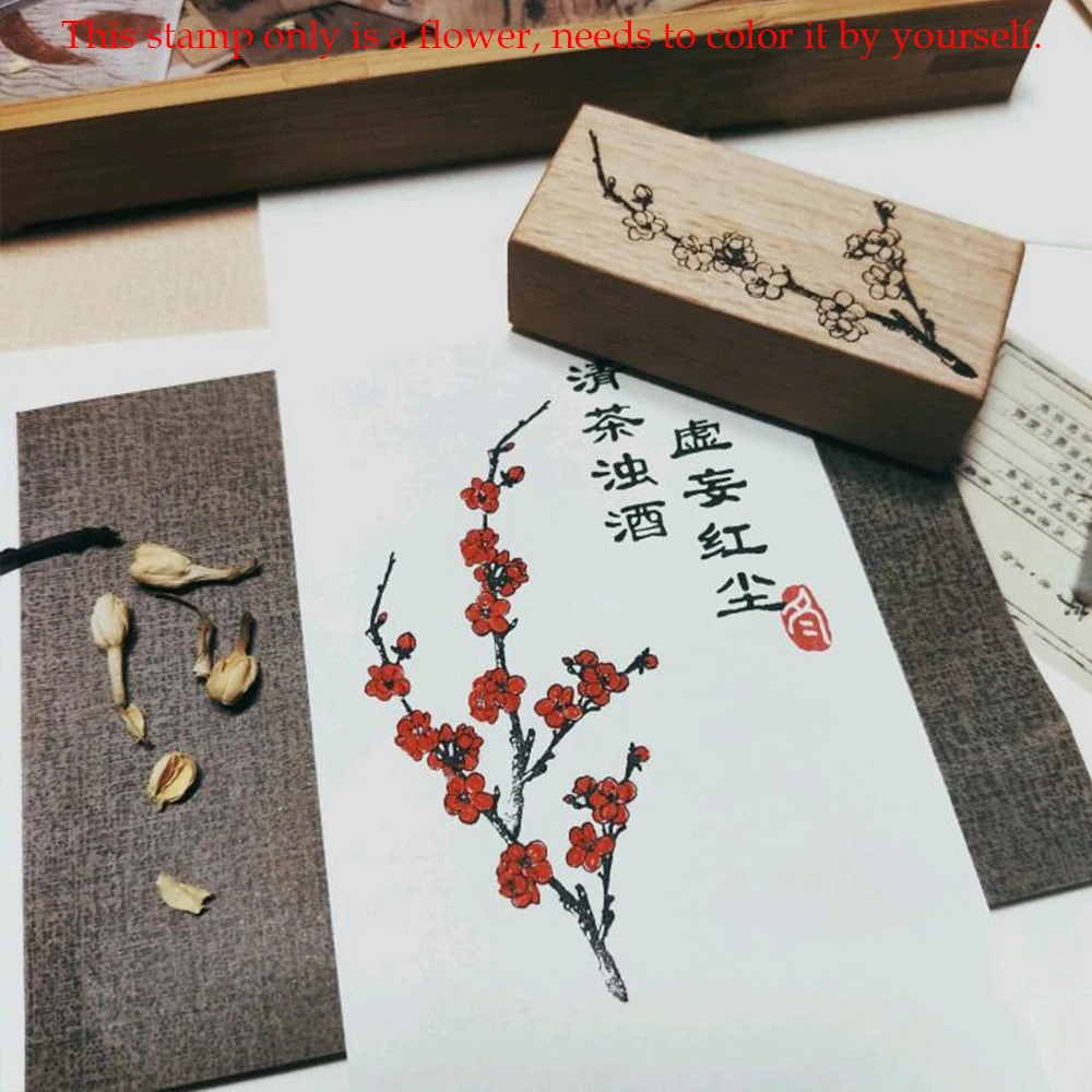 Chinese Antique Wintersweet Design Wooden Hand Account Stamp Retro Handmade DIY Solid Wood Decoration Stamp For Card Letter Book