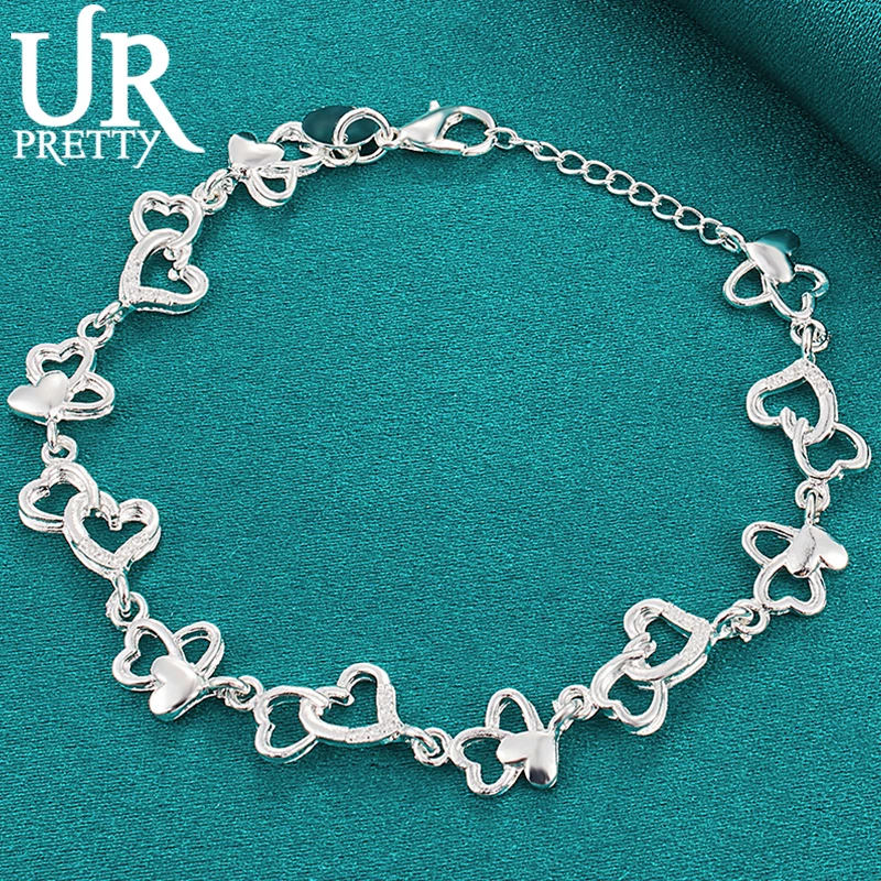 

URPRETTY 925 Sterling Silver Heart To Heart Hollow Chain Bracelet For Women Wedding Engagement Party Jewelry